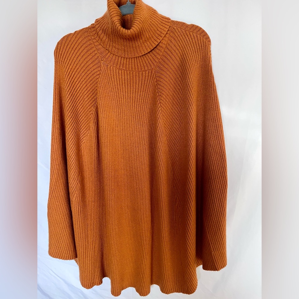 DG2 by Diane Gilman Ribbed Turtleneck Poncho Sweater XS/S Terracotta